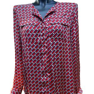 Jones New York Women's Long Sleeve Blouse Geometric Design Front Pockets Multi 4
